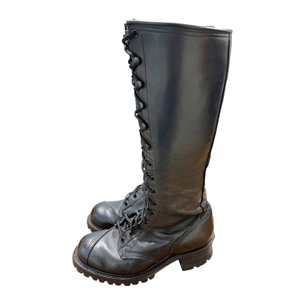 Rare Vintage FRYE Campus Lug Lace Up Boots Sz 9 Black Leather Knee High 90s Goth - Picture 6 of 10